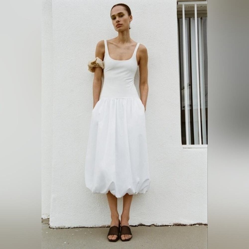 Zara White Midi Bubble Hem Dress